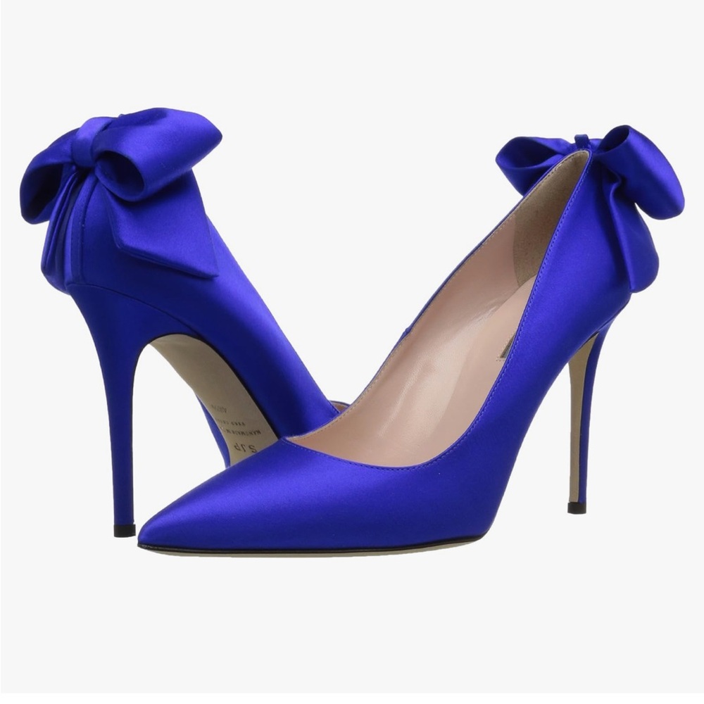 NWT Sarah Jessica Parker Blue Satin Lucille Heels with Bow